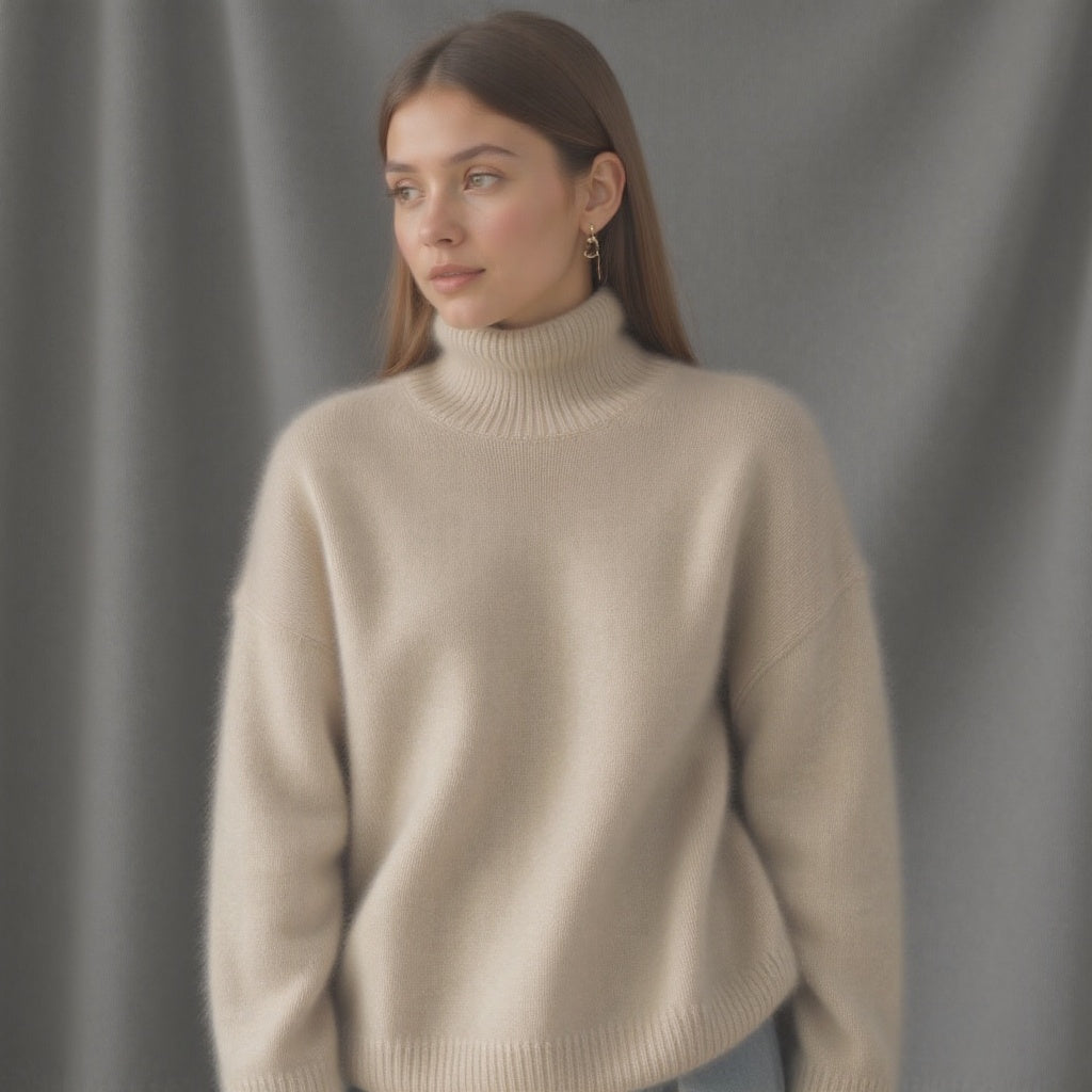 Addison | Beige Wool Blend Turtleneck Sweater Relaxed Fit