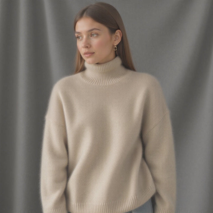 Addison | Beige Wool Blend Turtleneck Sweater Relaxed Fit