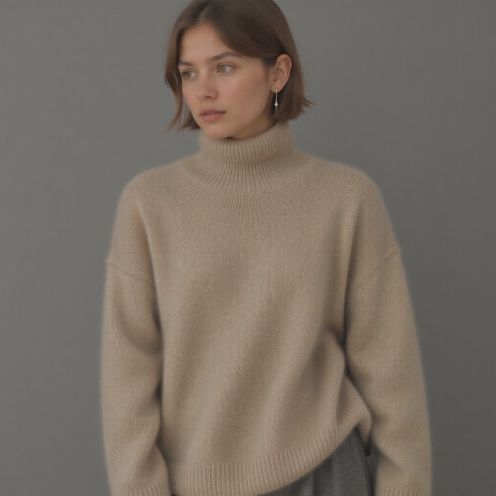 Addison | Beige Wool Blend Turtleneck Sweater Relaxed Fit