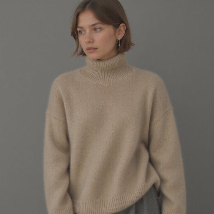 Addison | Beige Wool Blend Turtleneck Sweater Relaxed Fit