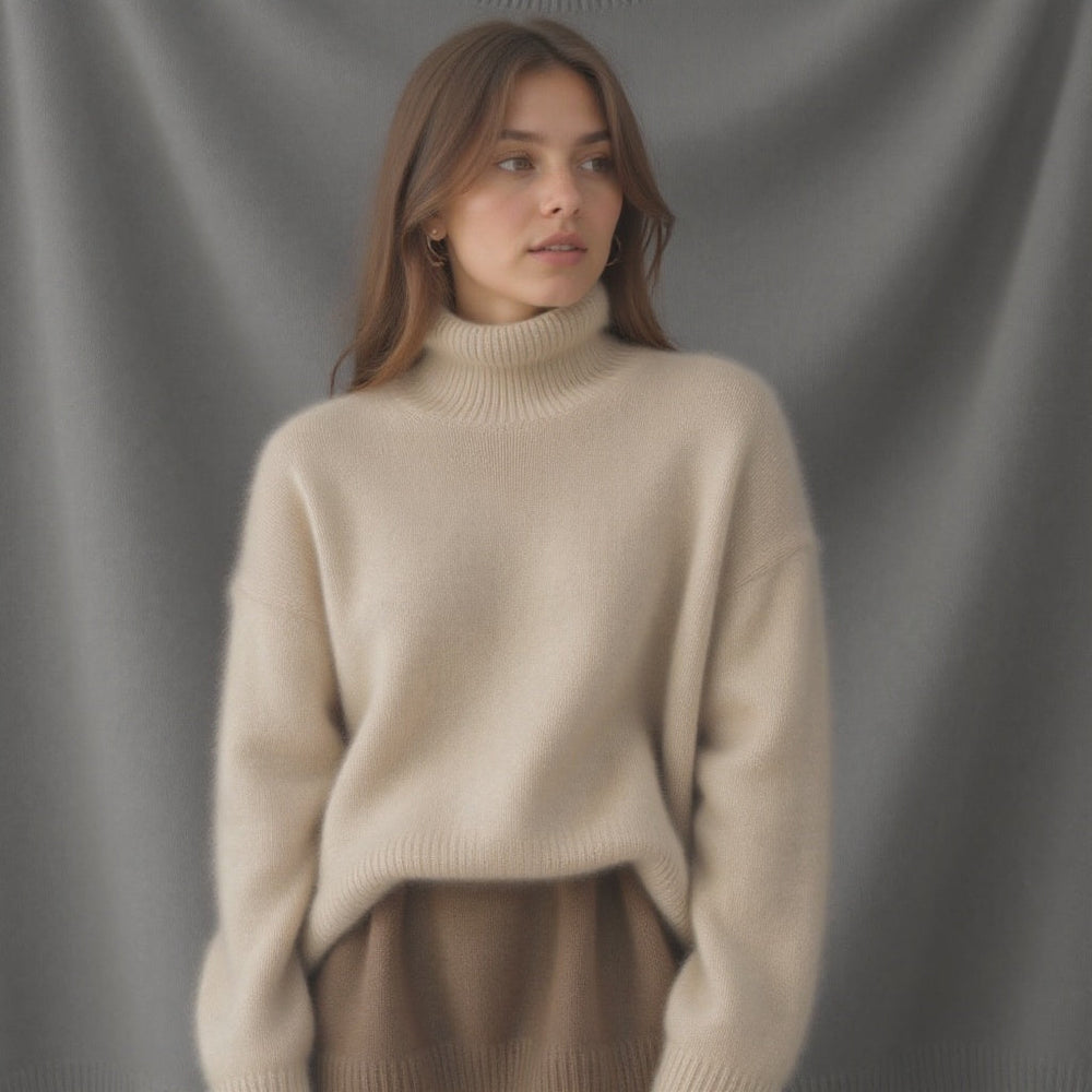 Addison | Beige Wool Blend Turtleneck Sweater Relaxed Fit