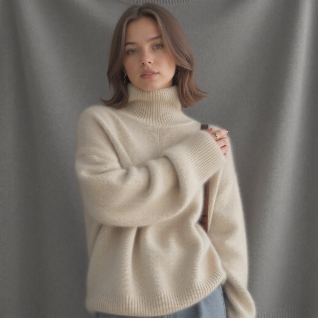 Addison | Beige Wool Blend Turtleneck Sweater Relaxed Fit