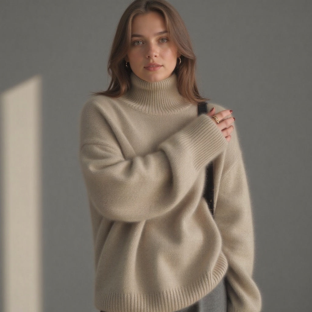 Addison | Beige Wool Blend Turtleneck Sweater Relaxed Fit