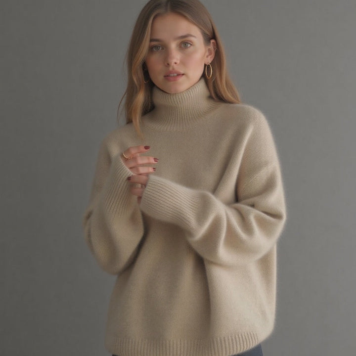 Addison | Beige Wool Blend Turtleneck Sweater Relaxed Fit