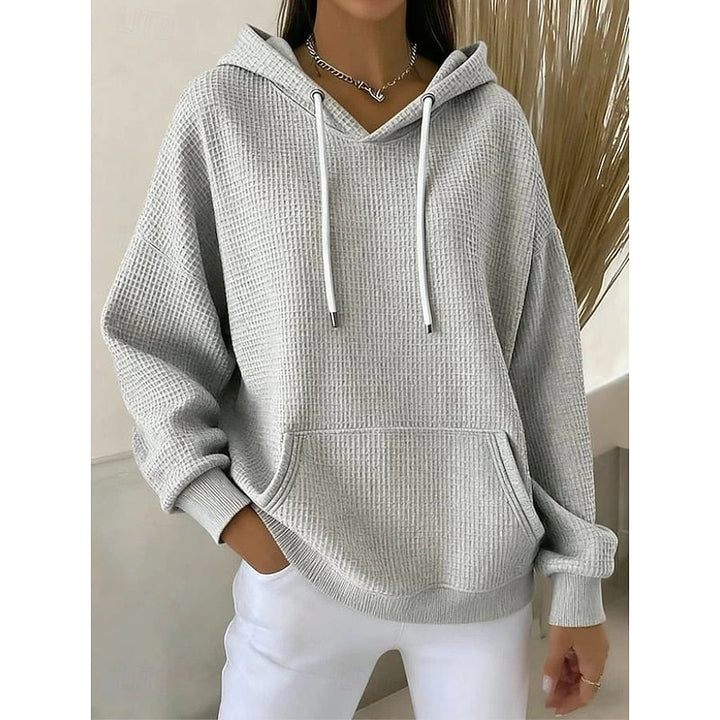Womens oversized waffle knit hoodie kangaroo pocket, view 4