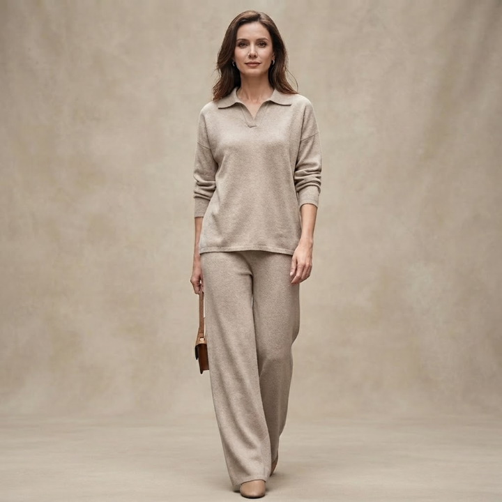 Womens knit polo sweater wide-leg set, view 3