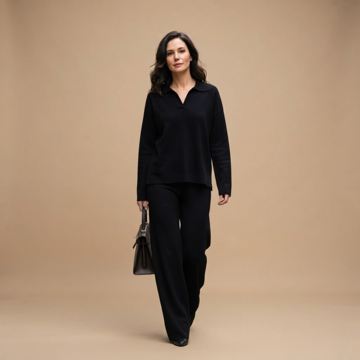 Womens knit polo sweater wide-leg set, view 2