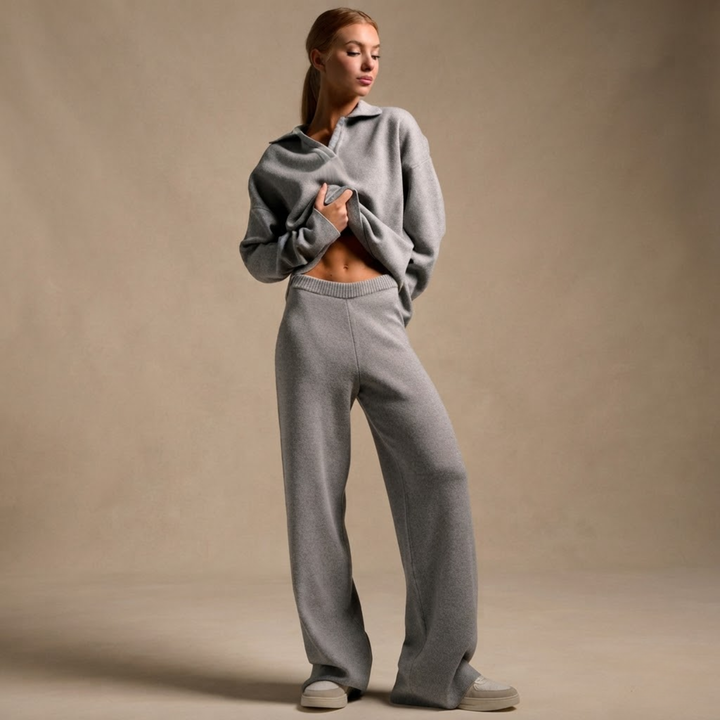 Womens knit polo sweater wide-leg set, view 1