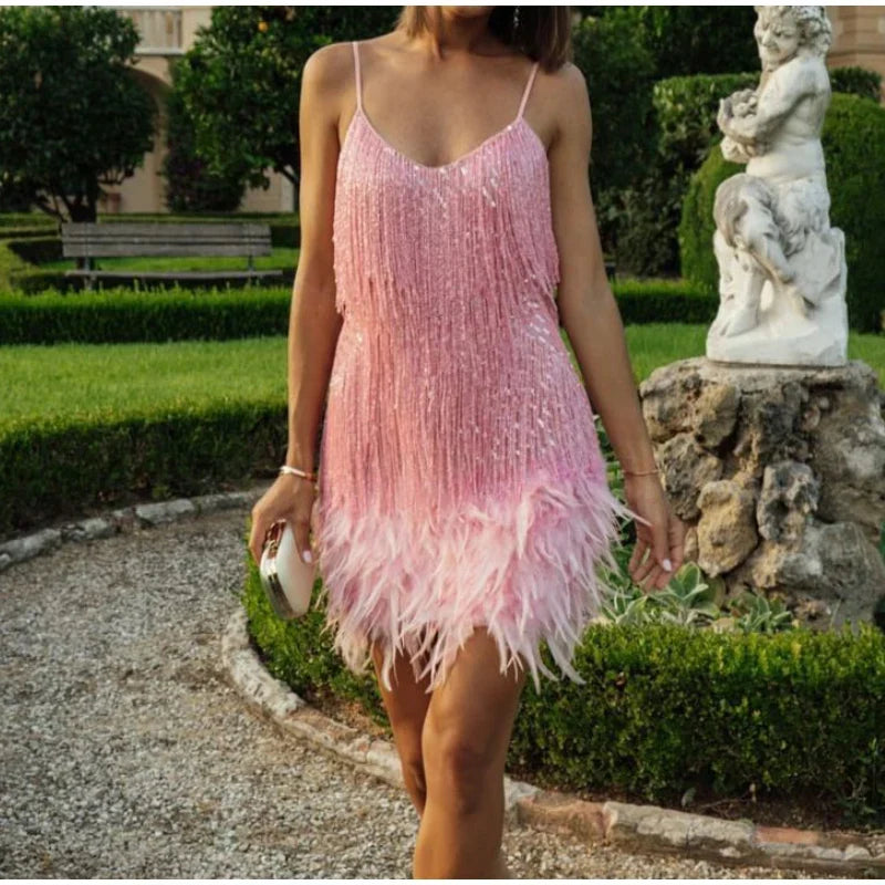 Womens sequin fringe feather trim mini dress, view 10