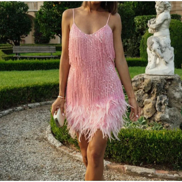 Womens sequin fringe feather trim mini dress, view 10