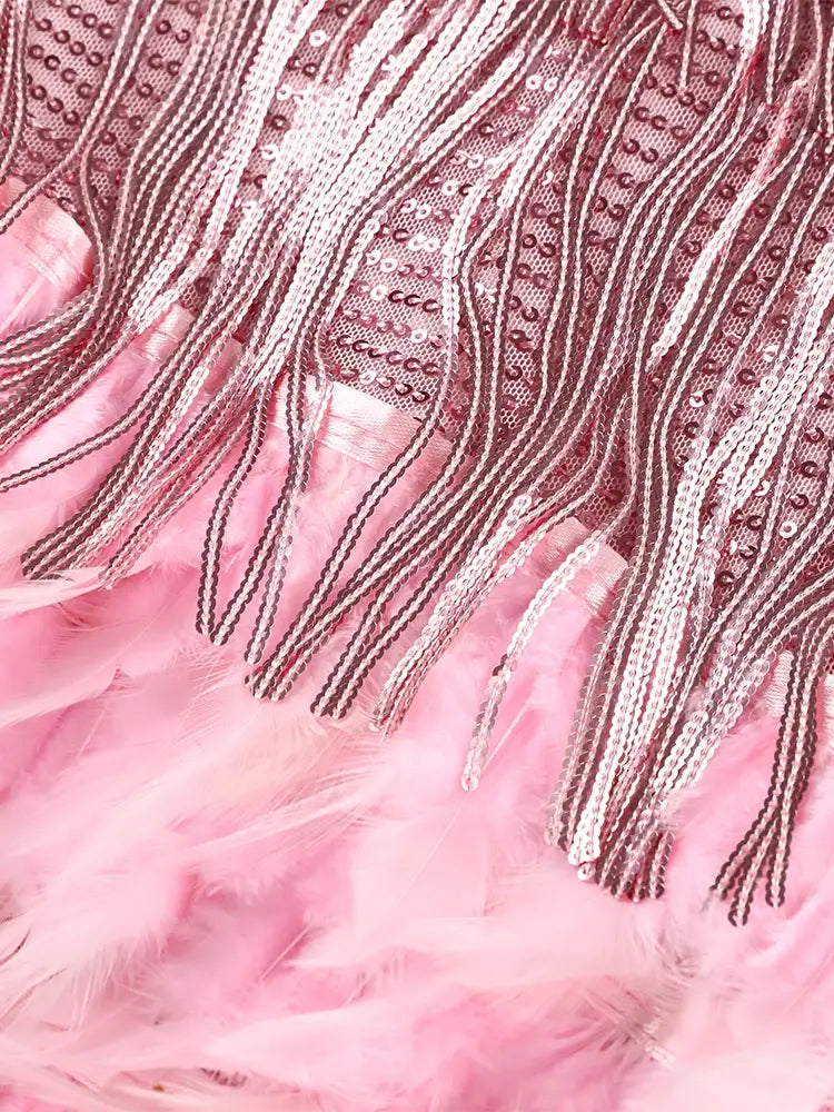 Pink Feather Sequin Mini Elegant Dress Spaghetti Straps Glam Cocktail Night Out Party Dress - Lolly 