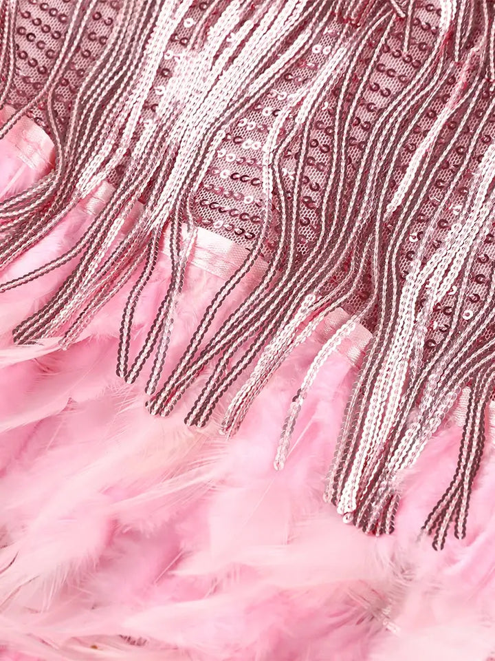 Pink Feather Sequin Mini Elegant Dress Spaghetti Straps Glam Cocktail Night Out Party Dress - Lolly 