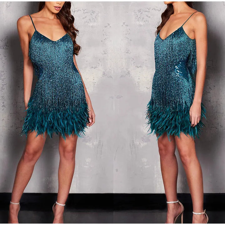 Pink Feather Sequin Mini Elegant Dress Spaghetti Straps Glam Cocktail Night Out Party Dress - Lolly 