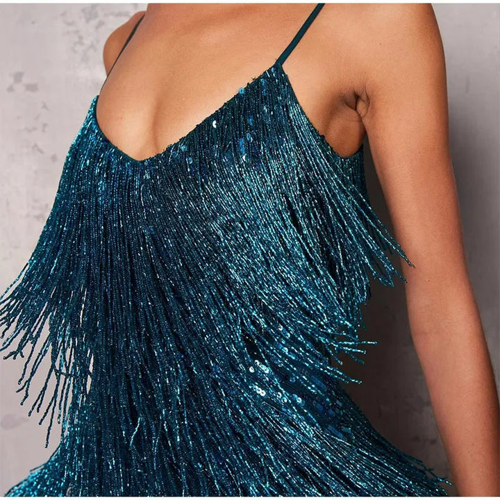 Pink Feather Sequin Mini Elegant Dress Spaghetti Straps Glam Cocktail Night Out Party Dress - Lolly 