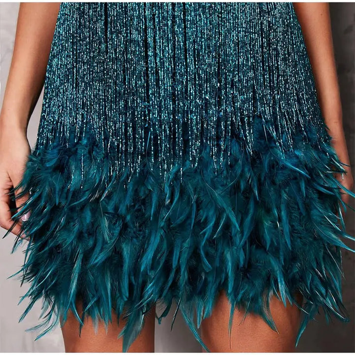 Pink Feather Sequin Mini Elegant Dress Spaghetti Straps Glam Cocktail Night Out Party Dress - Lolly 