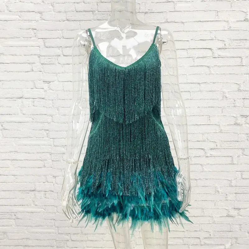 Pink Feather Sequin Mini Elegant Dress Spaghetti Straps Glam Cocktail Night Out Party Dress - Lolly 