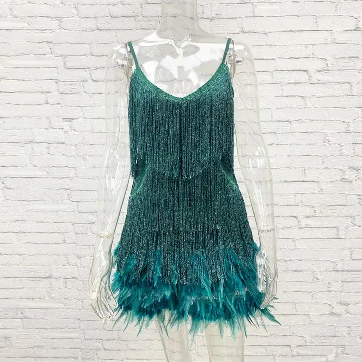 Pink Feather Sequin Mini Elegant Dress Spaghetti Straps Glam Cocktail Night Out Party Dress - Lolly 