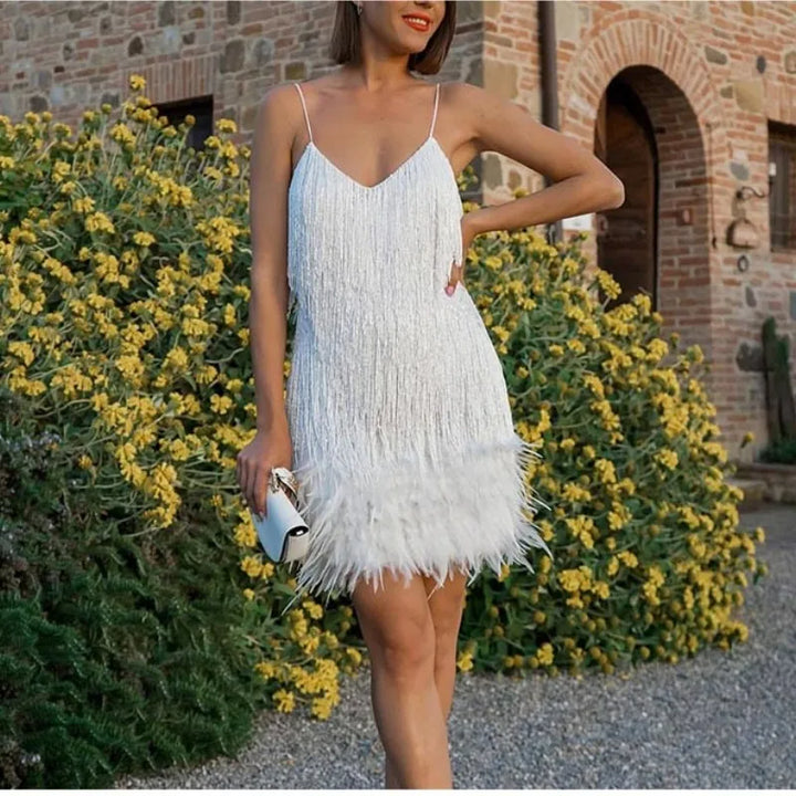 Pink Feather Sequin Mini Elegant Dress Spaghetti Straps Glam Cocktail Night Out Party Dress - Lolly 