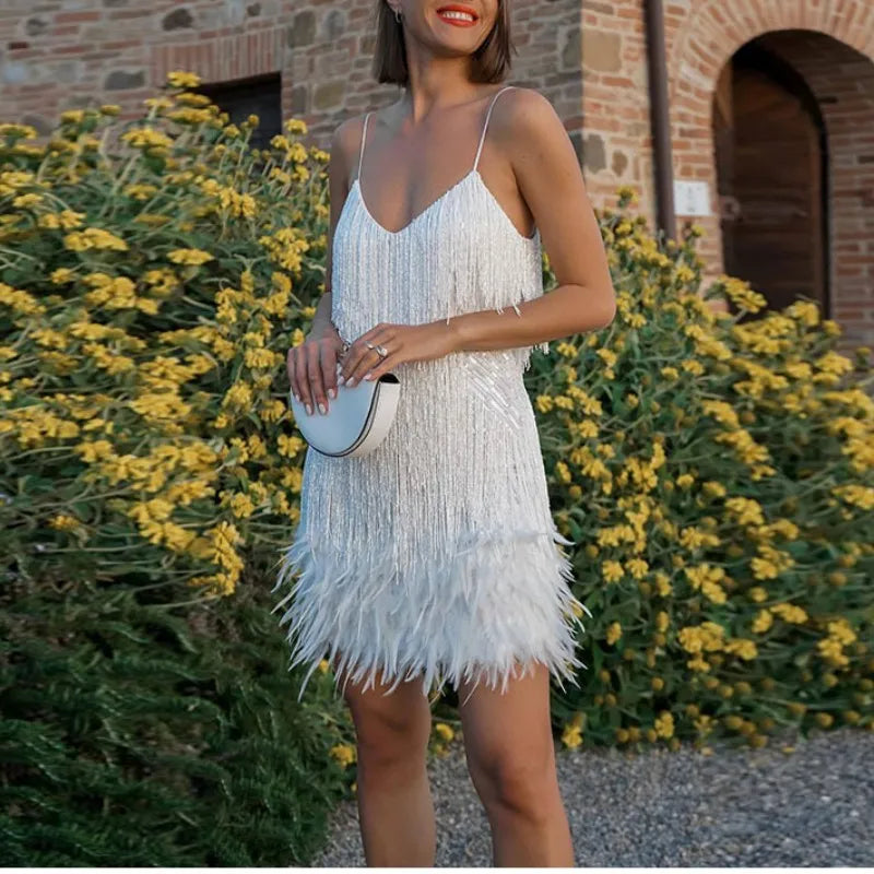 Pink Feather Sequin Mini Elegant Dress Spaghetti Straps Glam Cocktail Night Out Party Dress - Lolly 