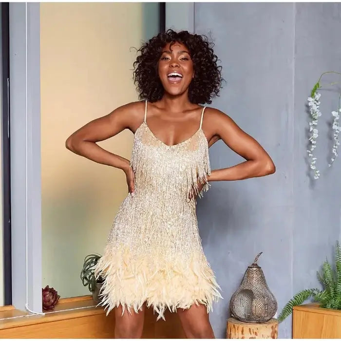 Pink Feather Sequin Mini Elegant Dress Spaghetti Straps Glam Cocktail Night Out Party Dress - Lolly 