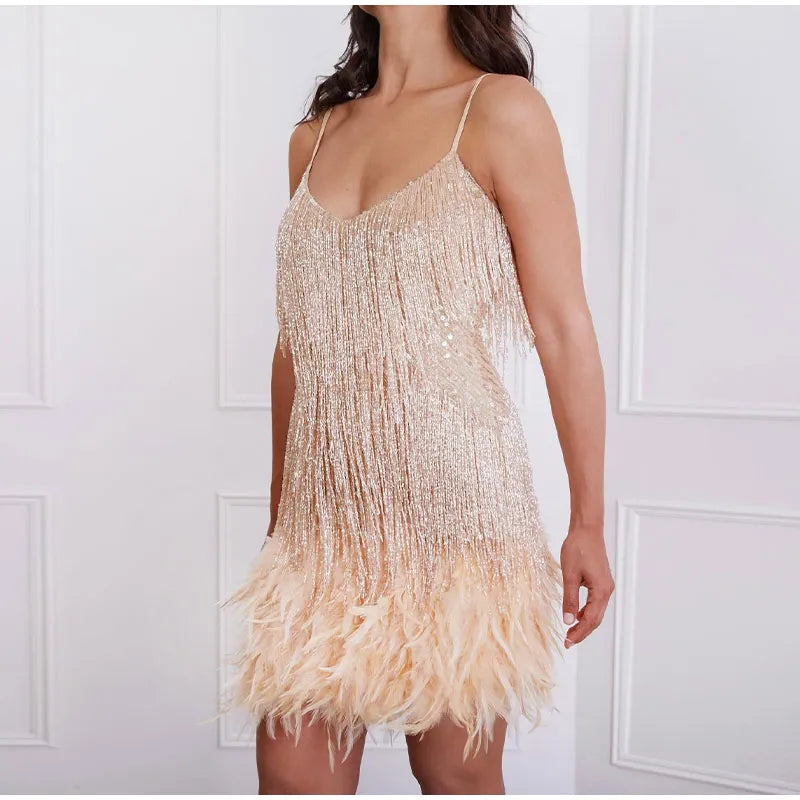 Pink Feather Sequin Mini Elegant Dress Spaghetti Straps Glam Cocktail Night Out Party Dress - Lolly 