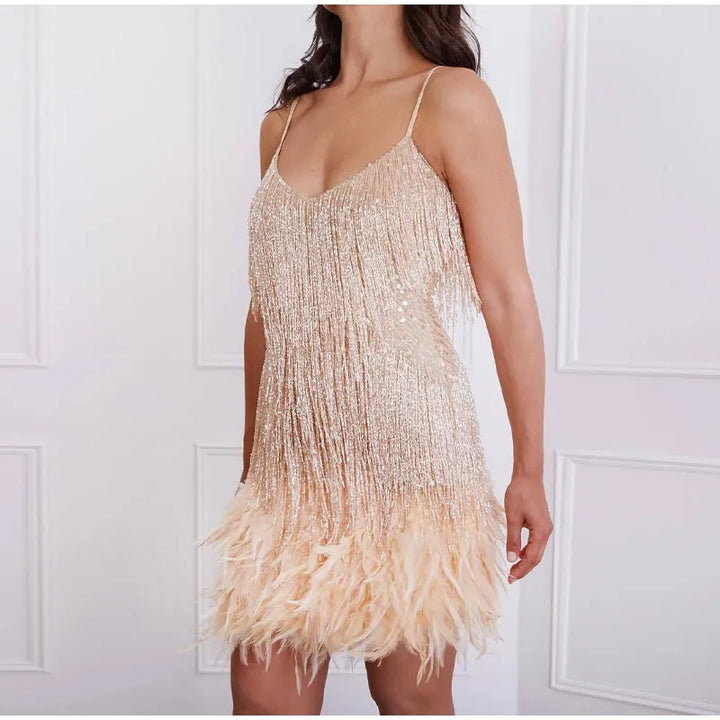 Pink Feather Sequin Mini Elegant Dress Spaghetti Straps Glam Cocktail Night Out Party Dress - Lolly 