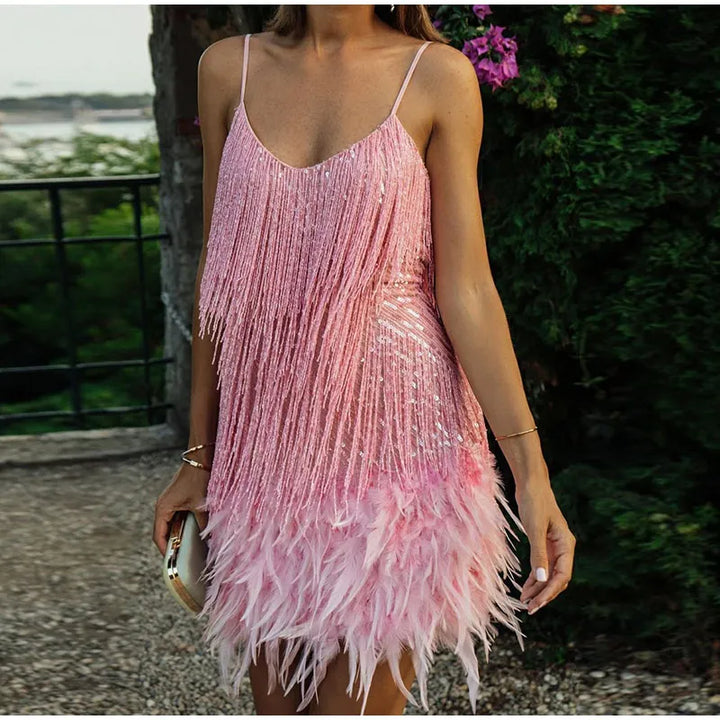 Womens sequin fringe feather trim mini dress, view 3