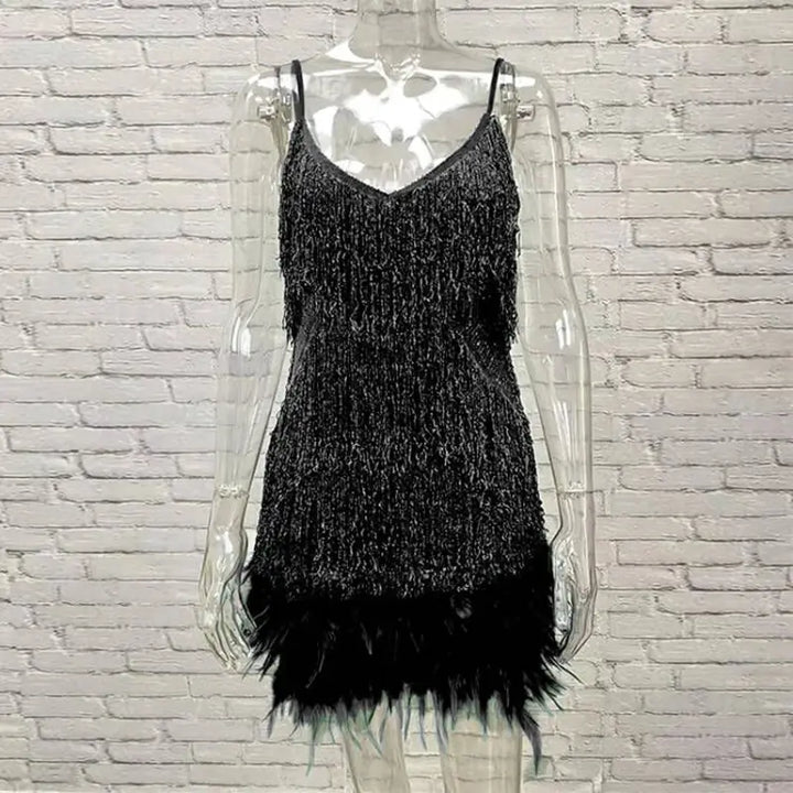 Pink Feather Sequin Mini Elegant Dress Spaghetti Straps Glam Cocktail Night Out Party Dress - Lolly 