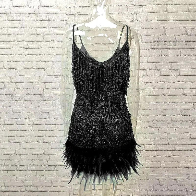 Pink Feather Sequin Mini Elegant Dress Spaghetti Straps Glam Cocktail Night Out Party Dress - Lolly 