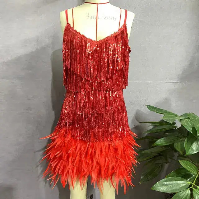 Pink Feather Sequin Mini Elegant Dress Spaghetti Straps Glam Cocktail Night Out Party Dress - Lolly 