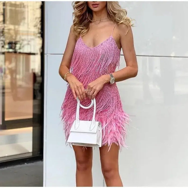 Womens sequin fringe feather trim mini dress, view 4