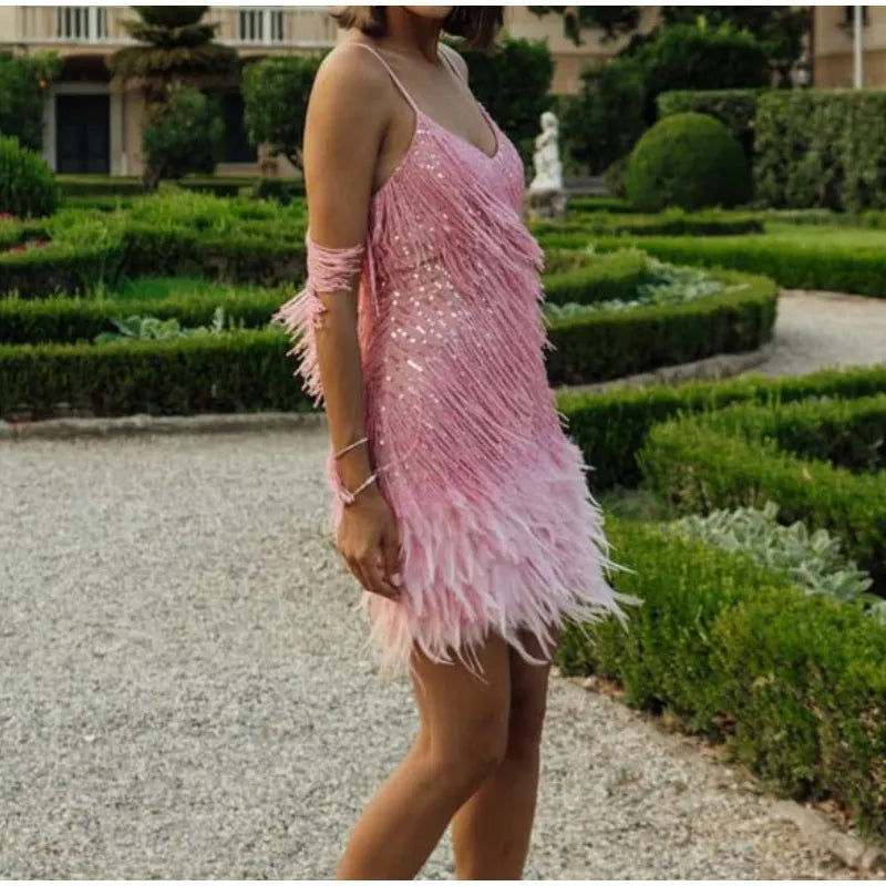 Womens sequin fringe feather trim mini dress, view 6