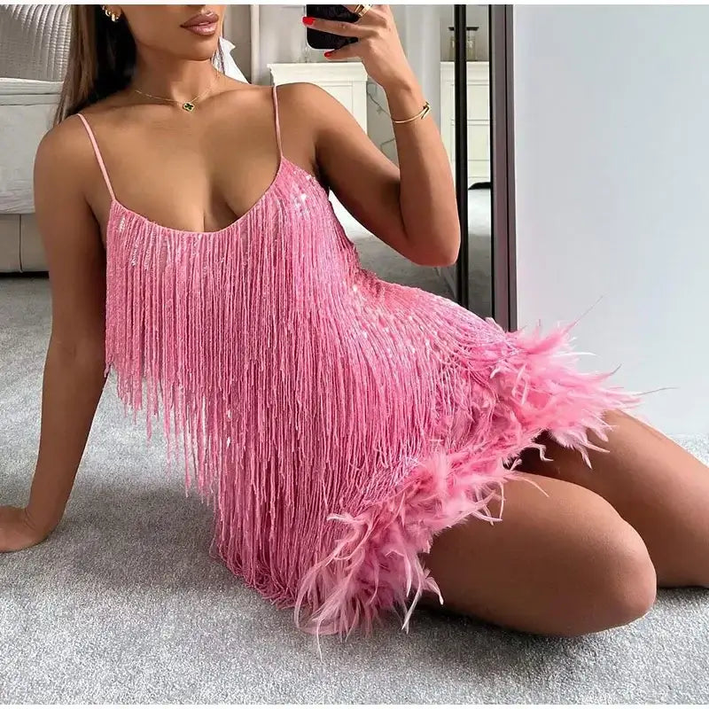 Womens sequin fringe feather trim mini dress, view 8