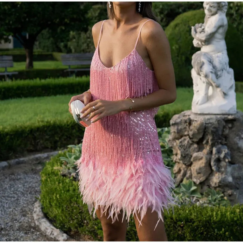 Womens sequin fringe feather trim mini dress, view 9