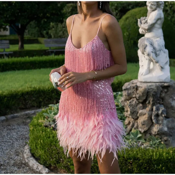 Womens sequin fringe feather trim mini dress, view 9
