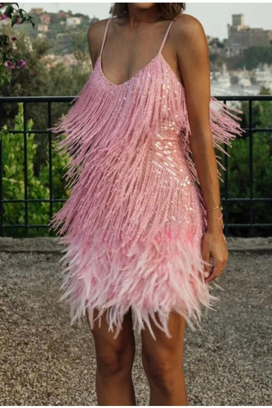 Womens sequin fringe feather trim mini dress, view 1