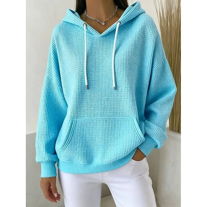 Womens oversized waffle knit hoodie kangaroo pocket, view 3
