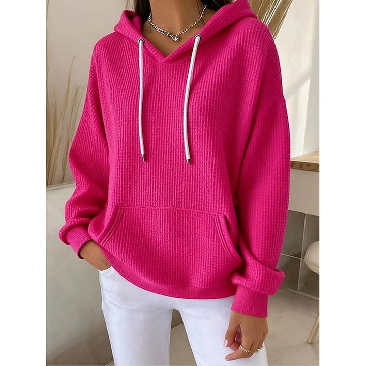 Womens oversized waffle knit hoodie kangaroo pocket, view 5