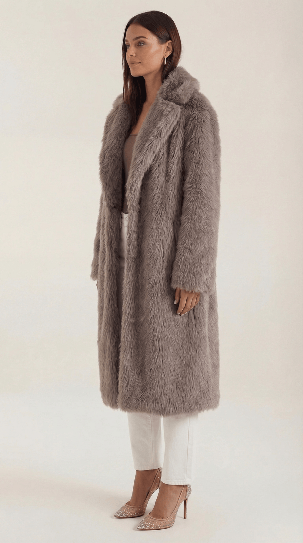 Womens long faux fur coat, view 2