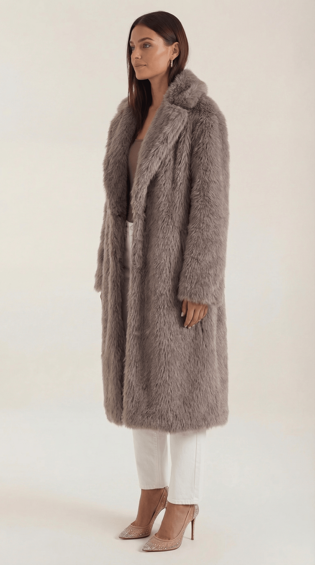 Womens long faux fur coat, view 2