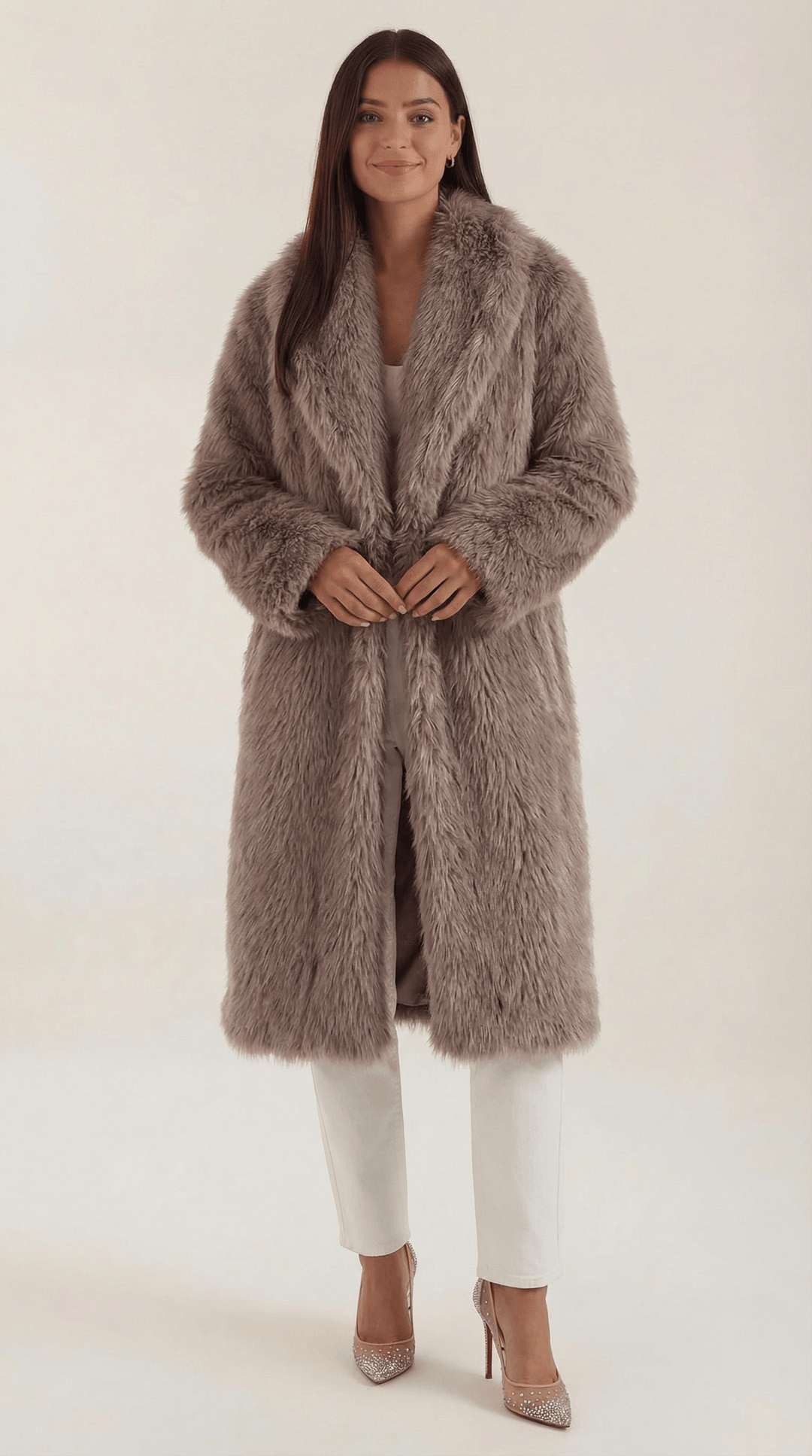 Womens long faux fur coat, view 1