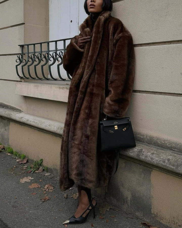 Womens long faux fur maxi overcoat, view 3