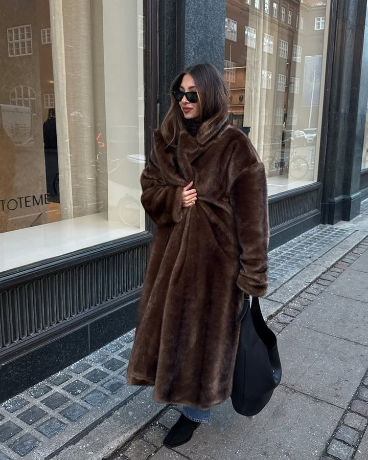Womens long faux fur maxi overcoat, view 1