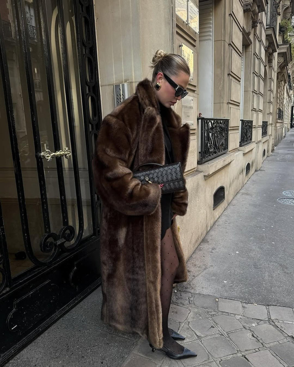 Womens long faux fur maxi overcoat, view 2