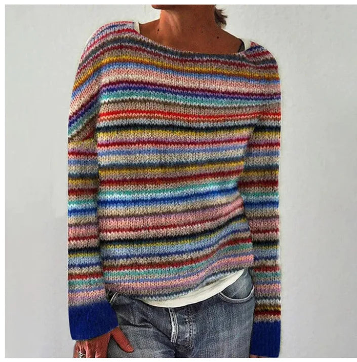 Womens striped knit pullover sweater, view 1
