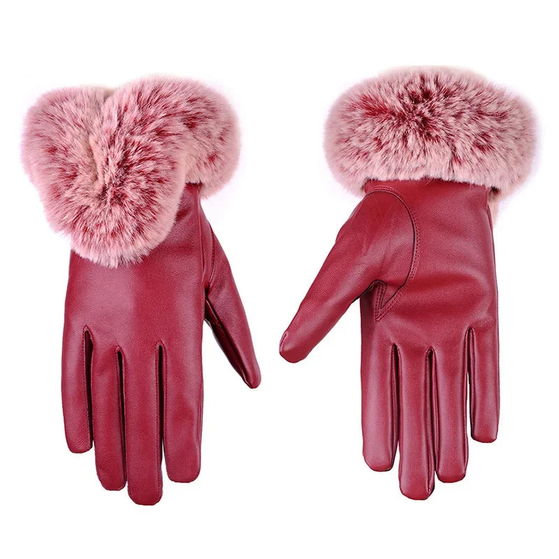 Nora | Womens Fitted Leather Gloves with Faux Fur Trim