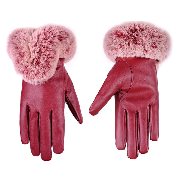 Nora | Womens Fitted Leather Gloves with Faux Fur Trim