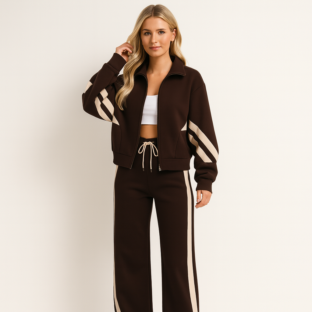 Womens knit tracksuit set zip jacket wide-leg, view 1