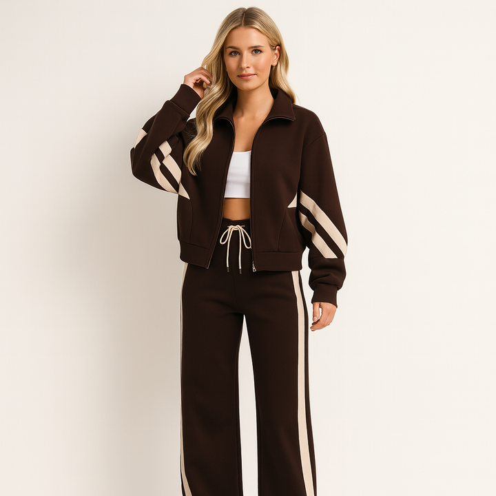 Womens knit tracksuit set zip jacket wide-leg, view 1