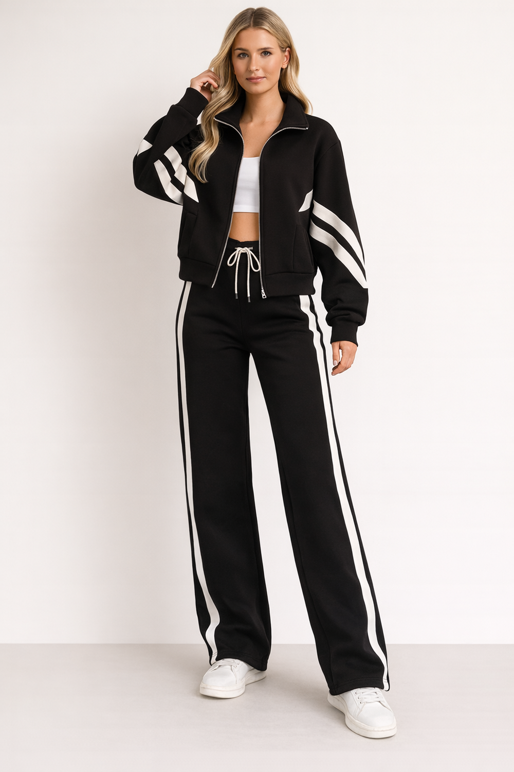 Womens knit tracksuit set zip jacket wide-leg, view 2